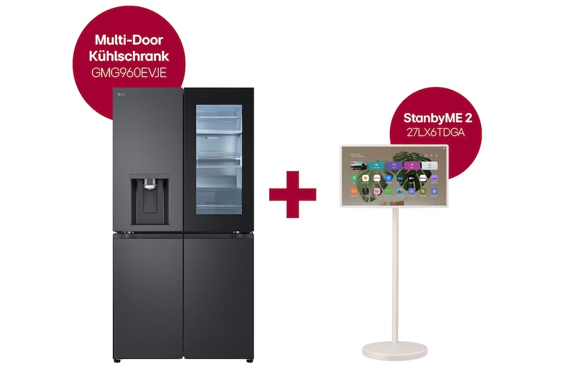 Vorderansicht von Multi Door mit InstaView® | Eis-, Crushed Ice- und Wasserspender | 638 Liter Kapazität | Energieeffizienzklasse E | Festwasseranschluss | GMG960EVJE + LG StanbyME 2 - Superportabler 27-Zoll-Touchscreen GMG960EVJE.27LX001